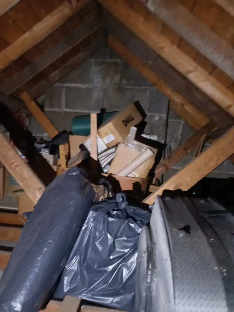 Attic full of black bags and boxes before clearance